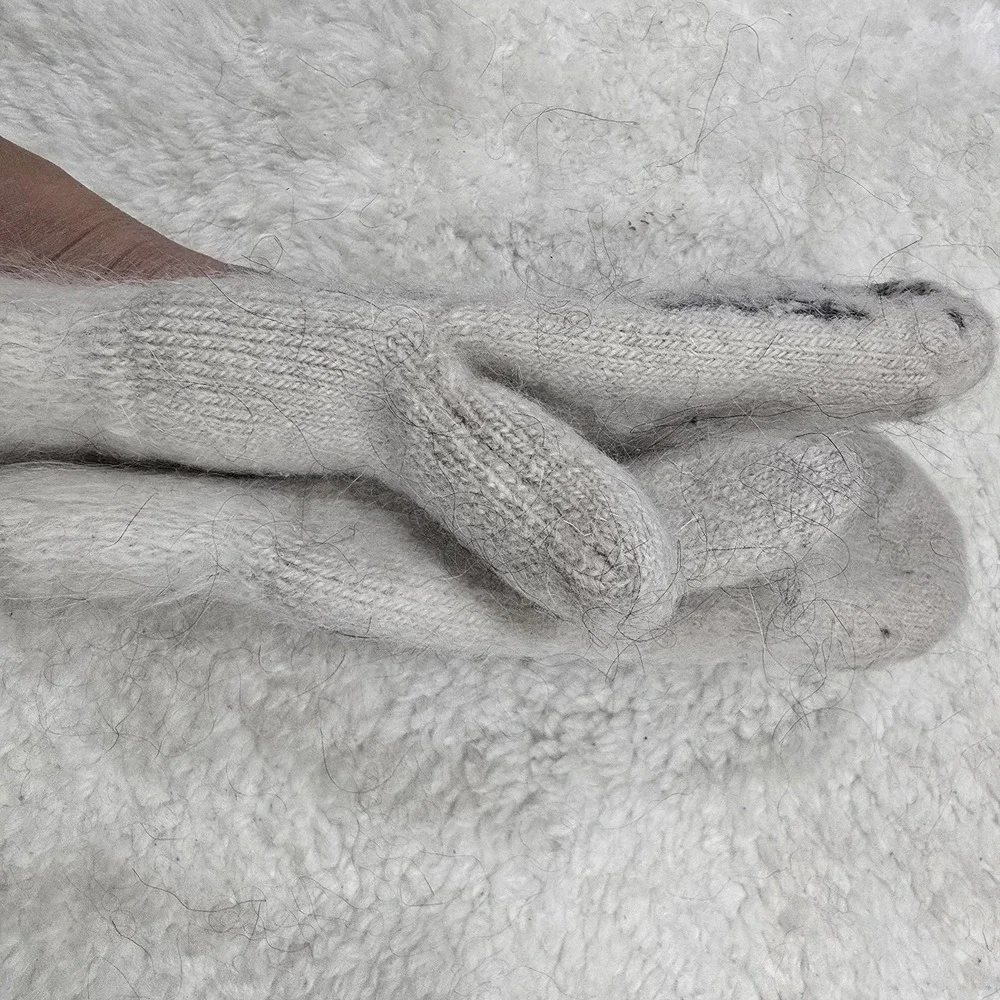 Handmade Goat Down Mittens White Gray Snowflake Warm Winter Gloves Russian‎